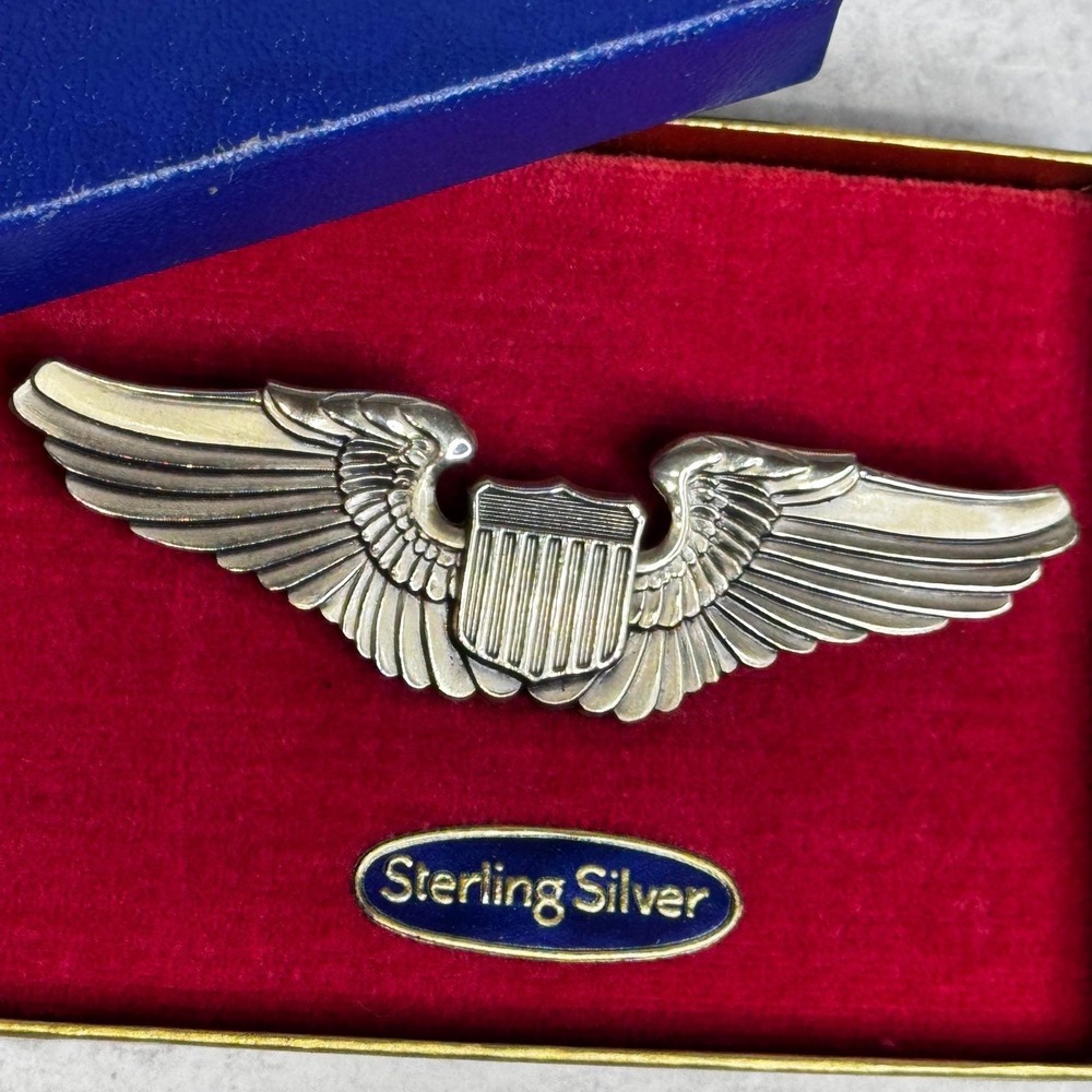 Vintage Gemsco Sterling Silver Pilot Wings Pin 3 Inch Shield Aviator Badge WW2